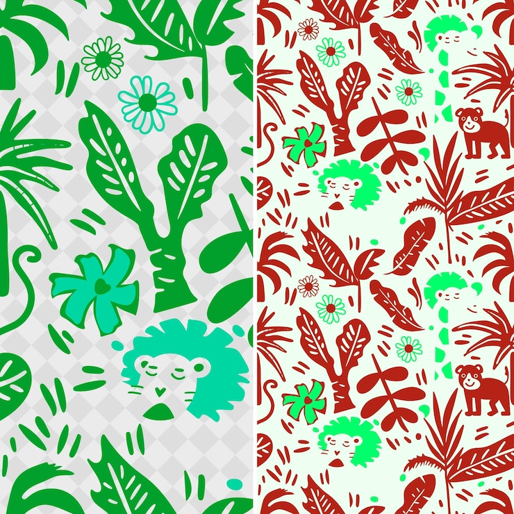 PSD des motifs de jungle avec des silhouettes de lions, de singes et de palmiers b des dessins abstraits traditionnels png