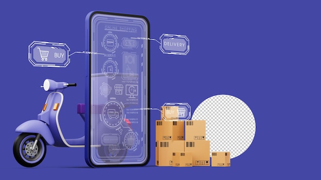 Moto de compras on-line de serviço de correio de entrega com renderização 3d de caixa de encomendas