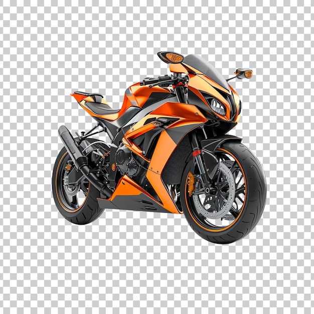 Moto sportive orange sur un fond transparent