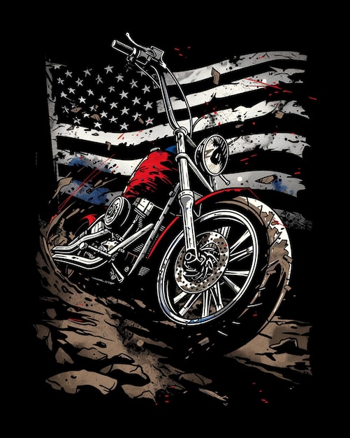 PSD moto vintage avec un arrière-plan de conception d'affiche du drapeau américain