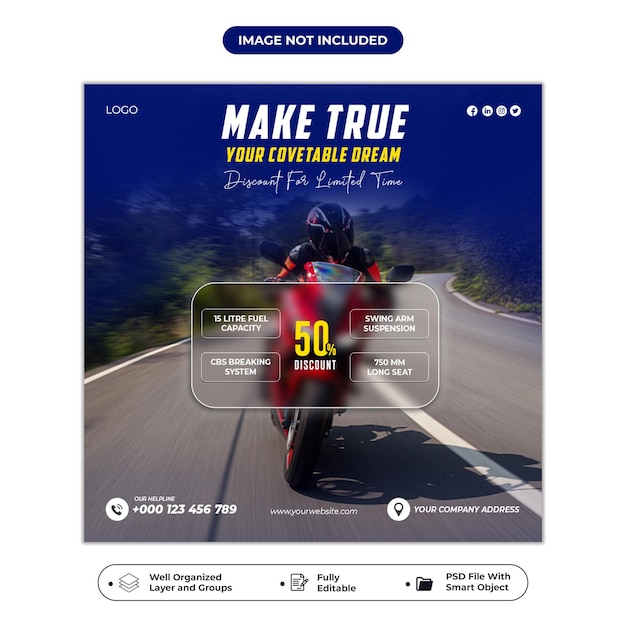 PSD motocicleta criativa post no instagram e redes sociais design de banner ou modelo de panfleto quadrado