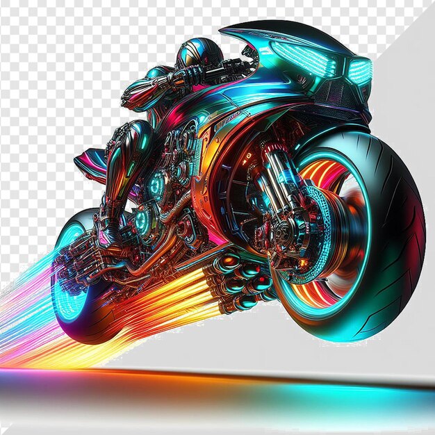 PSD motocicleta hiperrealista con un diseño futurista y luces de neón en él con fondo transparente