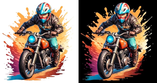 Motociclista con casco en la ilustración para la etiqueta de diseño de camiseta dtf o dtg