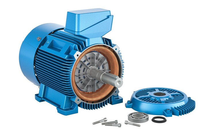 PSD motor eléctrico desmontado motor renderizado en 3d aislado sobre un fondo transparente