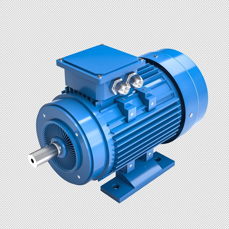 PSD motor eléctrico industrial azul aislado sobre un fondo transparente