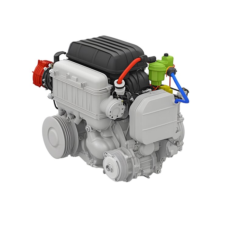 PSD motor industrial 3d con componentes rojos y amarillos aislados sobre un fondo blanco