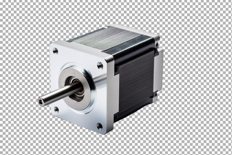 PSD motor paso a paso compacto con carcasa metálica y eje de acero inoxidable sobre un fondo blanco
