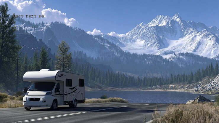 PSD motorhome dirigindo em uma estrada de montanha panorâmica ao lado do lago