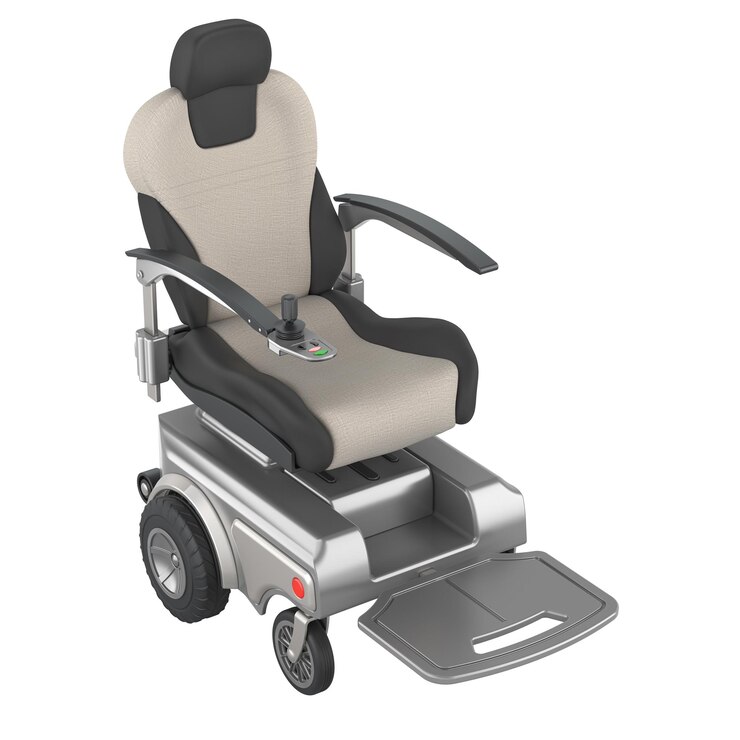 PSD motorizzata power chair powerchair sedia a rotelle elettrica rendering 3d isolato su sfondo trasparente