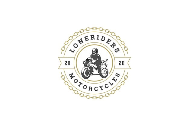 Motorradfahrer mit Helm auf einem Motorradkreis Vintage-Logo-Design-Schablone Kettenornament
