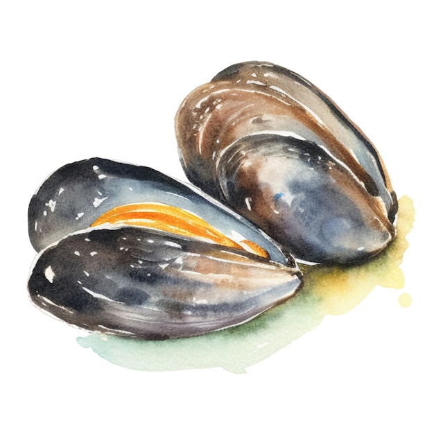 Moules Peintes à L'aquarelle élément De Conception De Fruits De Mer Frais Dessinés à La Main Isolé Sur Fond Blanc