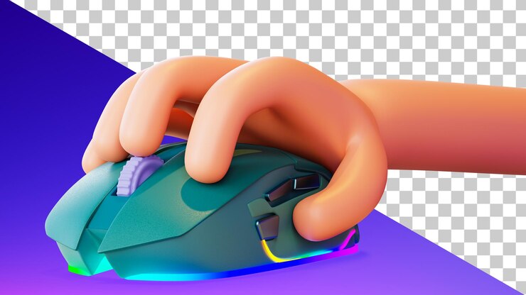 PSD mouse del computer e rendering 3d della mano personaggio dei cartoni animati che tiene un mouse per pc accessori di gioco moderni