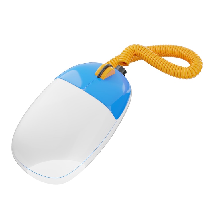 PSD mouse per computer cablato con cima blu e cordone arancione