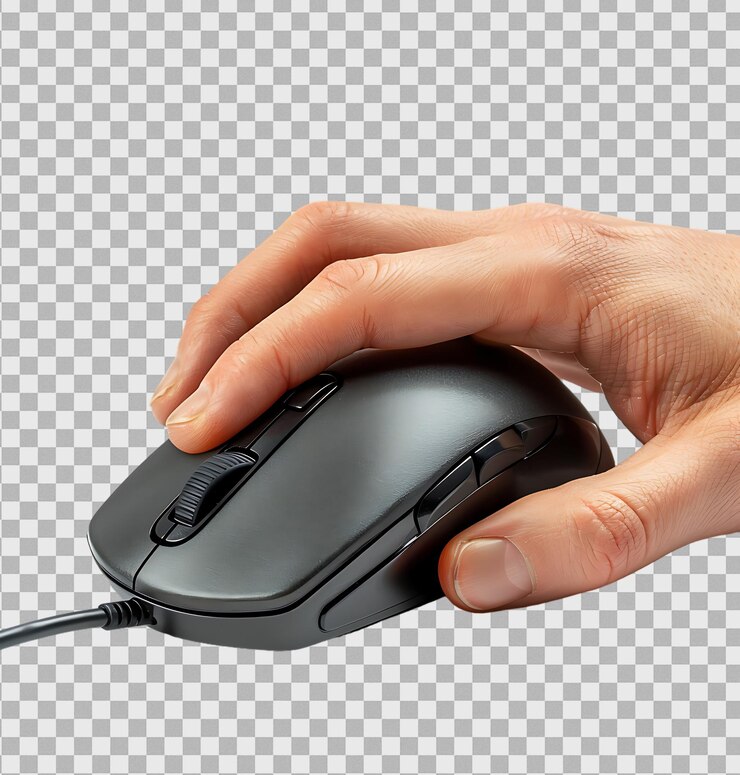 PSD mouse per computer in mano umana su uno sfondo trasparente