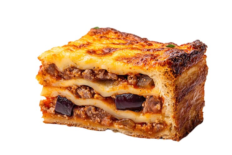 PSD moussaka tradicional al horno con guarnición de albahaca sobre un fondo blanco
