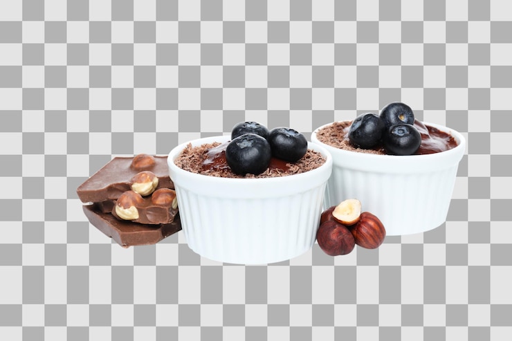 PSD mousse de chocolate png con arándanos aislados sobre un fondo blanco
