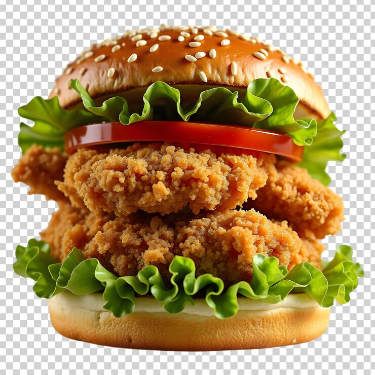 MouthWatering Crispy Fried Chicken Sandwich with Fresh Lettuce on White Background