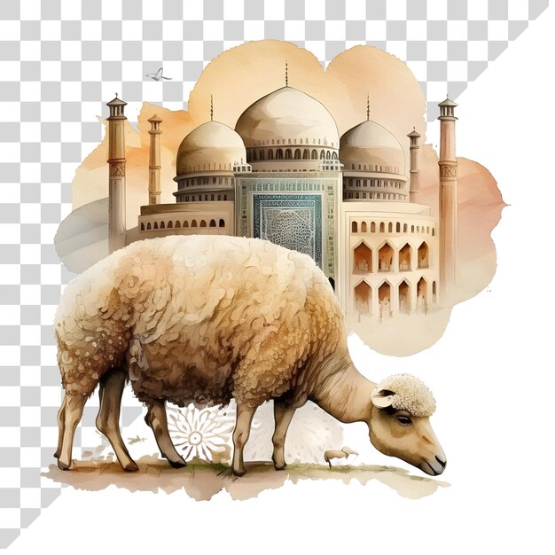 PSD un mouton à aquarelle de dessin animé avec une mosquée avec des éclaboussures de peinture colorées sur un fond transparent