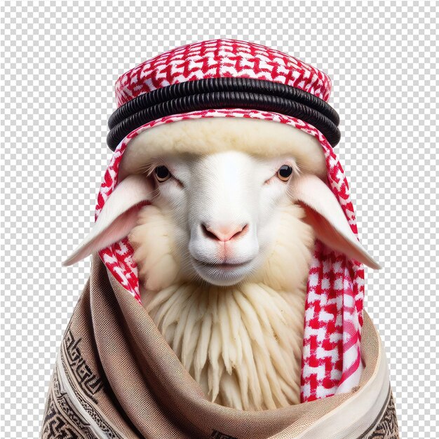 PSD un mouton avec un chapeau sur la tête et un foulard dessus