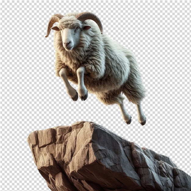 PSD un mouton sautant sur un rocher avec un fond de rochers