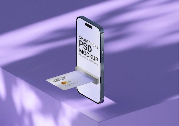 Móvil con tarjeta de crédito cajero automático sin efectivo maqueta PSD renderización 3D