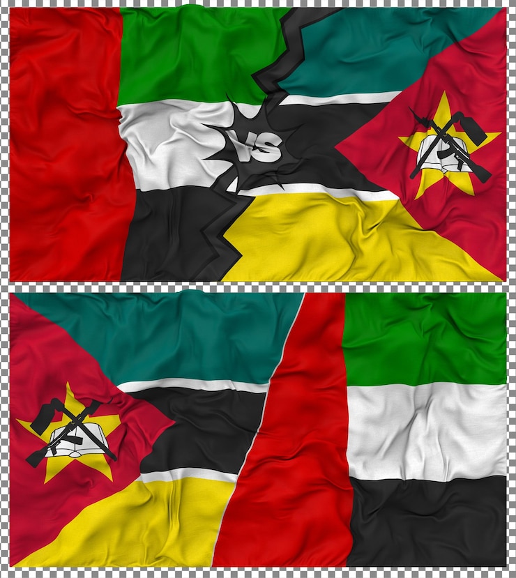 PSD mozambique contra los emiratos árabes unidos media bandera combinada con textura en 3d