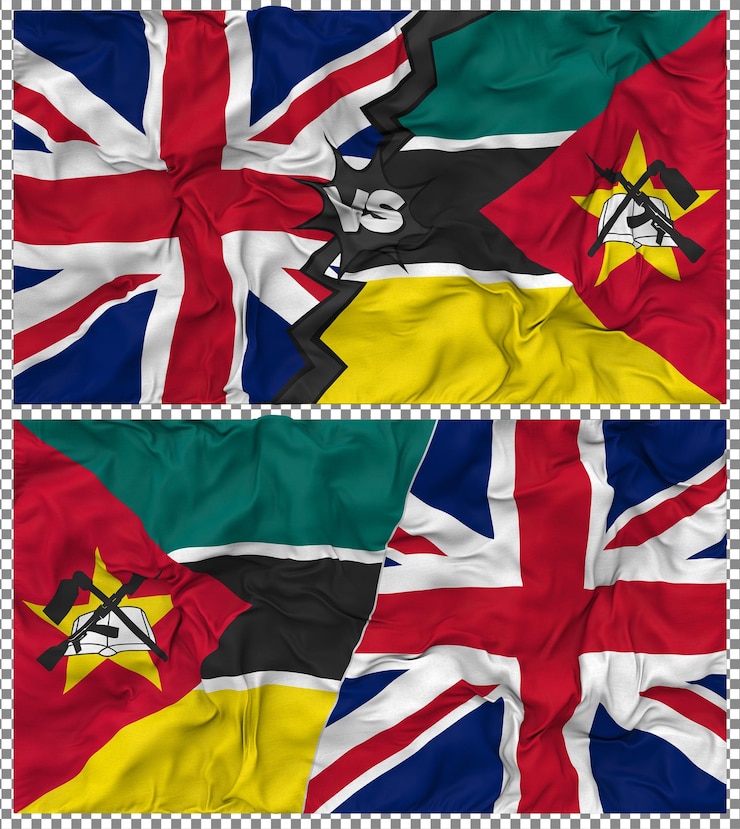 PSD le mozambique contre le royaume-uni half combined flag cloth bump texture rendering 3d