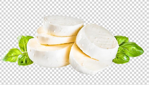 PSD mozzarella-käseschnitte mit grünen blättern auf durchsichtigem hintergrund