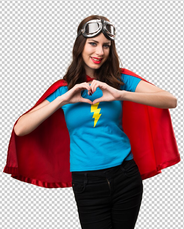 PSD muchacha bonita del super héroe que hace un corazón con sus manos