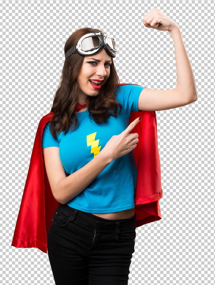 PSD muchacha bonita del super héroe que hace gesto fuerte