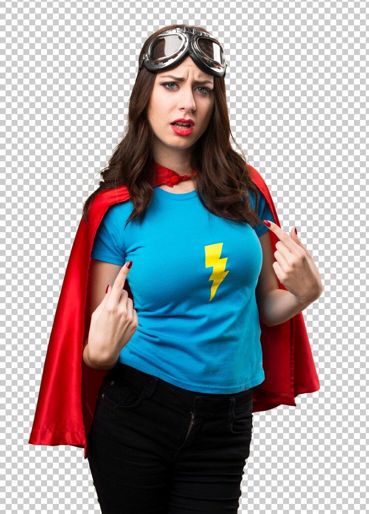 PSD muchacha bonita del super héroe que hace gesto de la sorpresa
