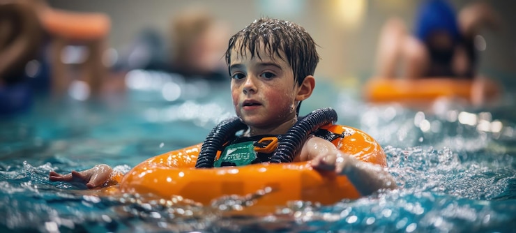 PSD un muchacho disfrutando de un divertido baño en una piscina
