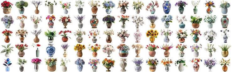 PSD muchas flores y plantas diferentes en el fondo aislado del jarrón aig44