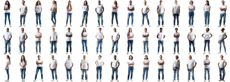 PSD muchas personas con pantalones vaqueros de camiseta blanca sobre un fondo aislado con bordes nítidos