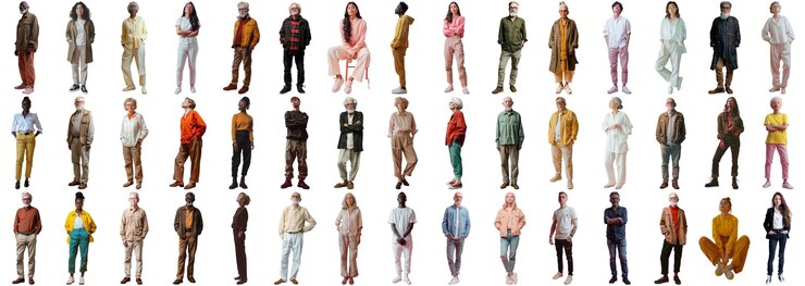 PSD muchas personas que se sientan en un fondo aislado de moda casual usan un estilo de bordes nítidos