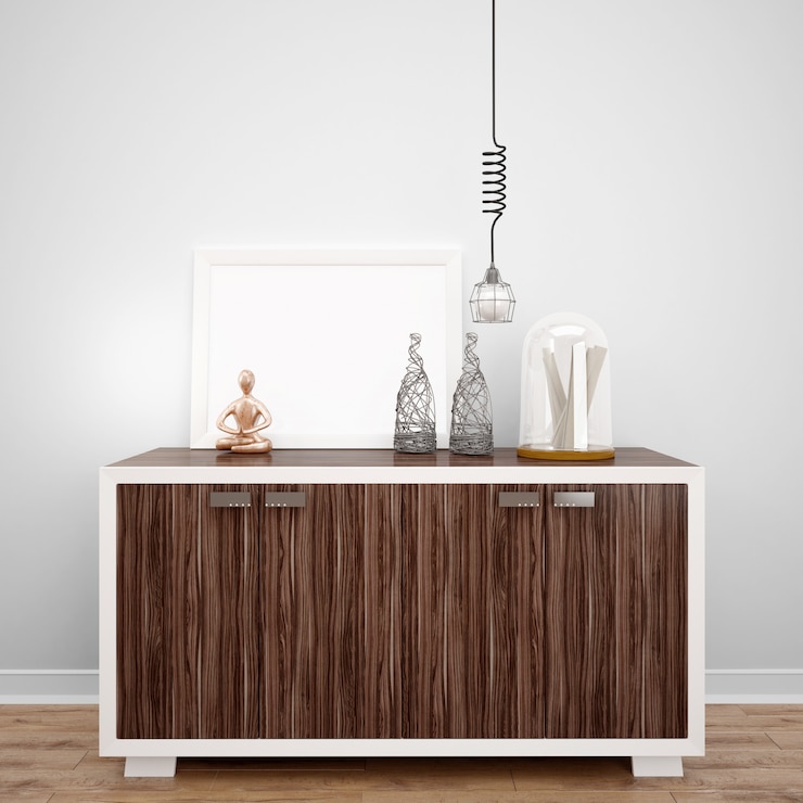 PSD muebles de madera con objetos decorativos y lámpara, ideas de diseño de interiores.