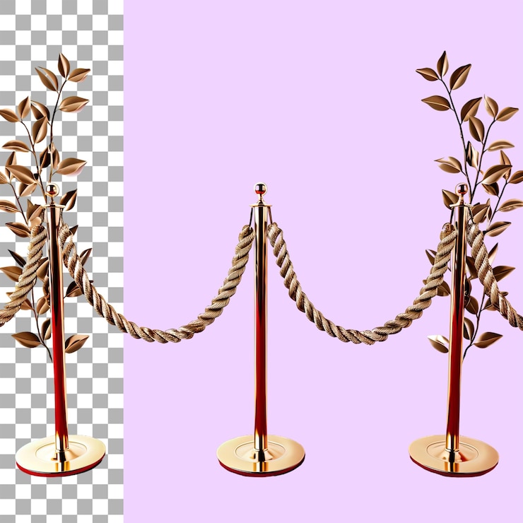 PSD muelle con cuerda de terciopelo barricada de cuerda roja postes decorativos dorados con cuerda envuelta alrededor de ellos fondo blanco png