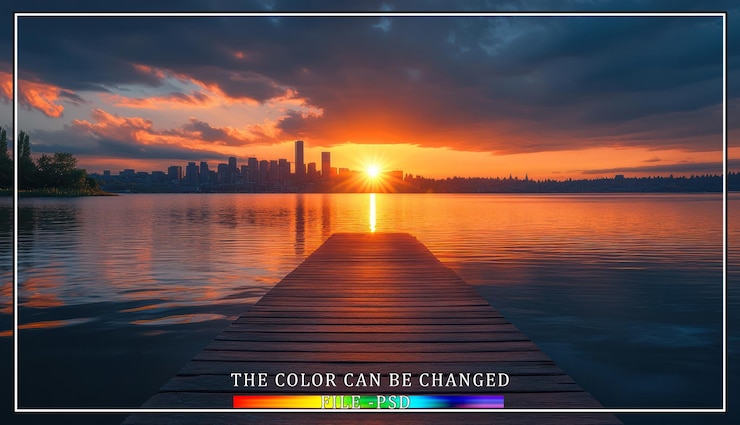 PSD un muelle de madera conduce a una impresionante puesta de sol sobre el horizonte de la ciudad