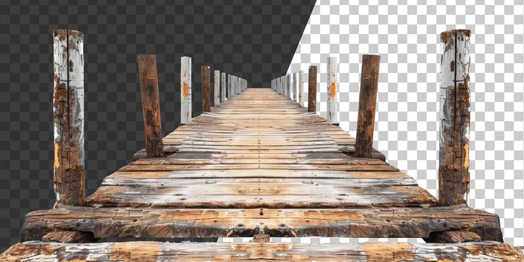 PSD muelle de madera con cuerda en fondo transparente png