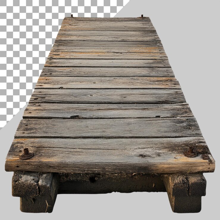 PSD muelle de madera desgastado aislado sobre un fondo transparente