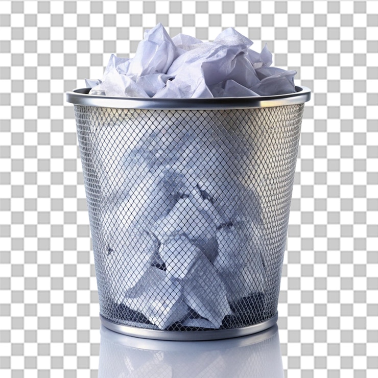 PSD mülltonne mit isolierten papierblättern auf durchsichtigem hintergrund
