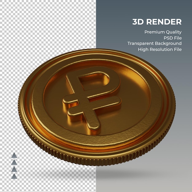 Münze Russischer Rubel Währungssymbol Gold 3D-Rendering linke Ansicht