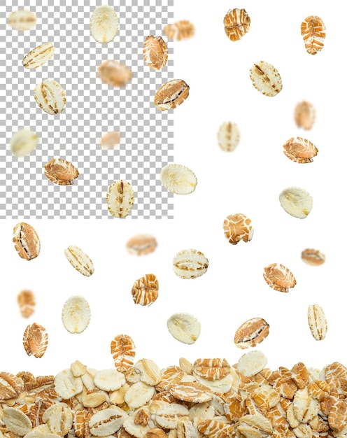 Muesli de copos de cereales que caen de arriba hacia abajo aislados en un fondo transparente