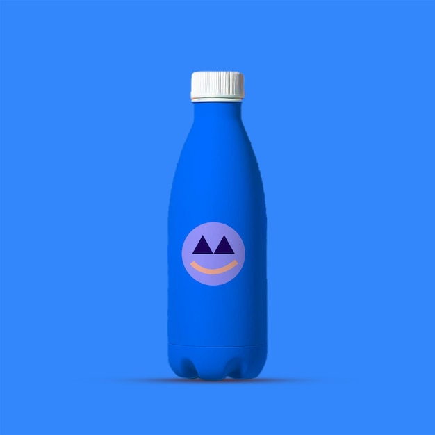 se muestra una botella azul con un triángulo en la parte superior