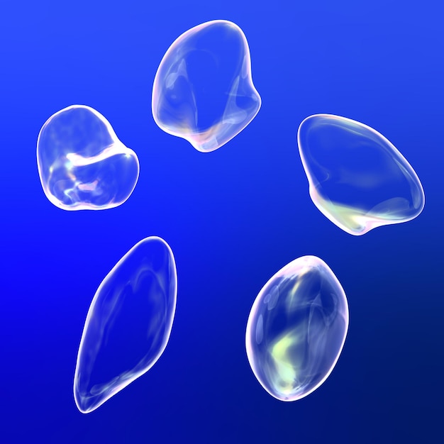 Se muestra un grupo de objetos de vidrio transparente sobre un fondo azul.