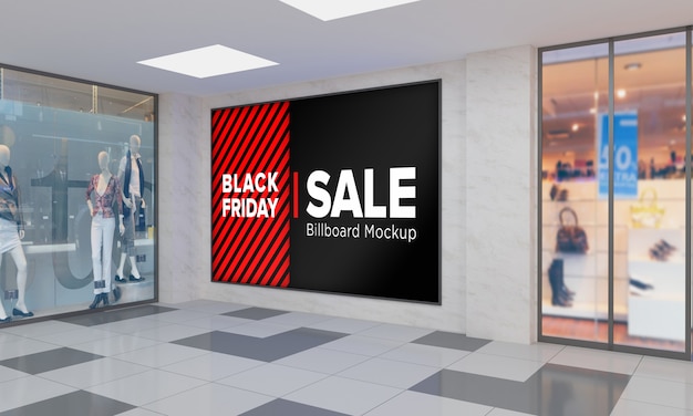 Muestra el letrero en la pared Maqueta en el centro comercial con pancarta de venta de Black Friday