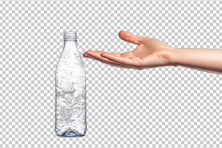 PSD se muestra una mano sosteniendo una botella contra un fondo transparente para enfocar
