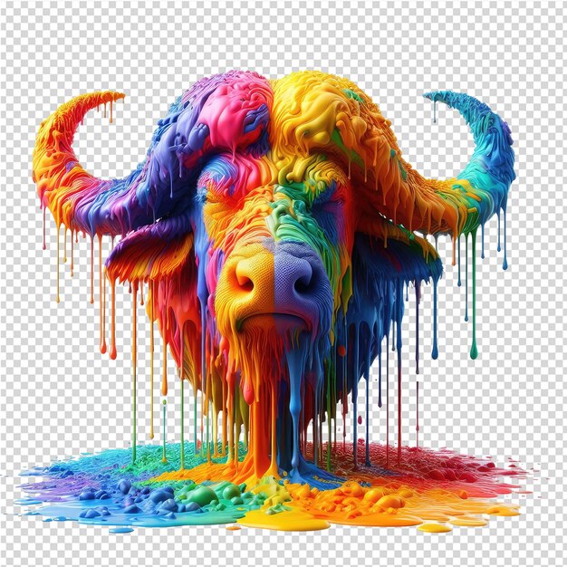 Se muestra una pintura de un toro con una cola de color arco iris