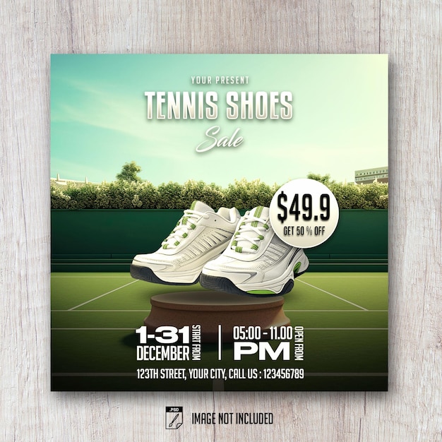 PSD muestra de productos de zapatos de tenis 3d podio volante cuadrado diseño de post de banner de redes sociales