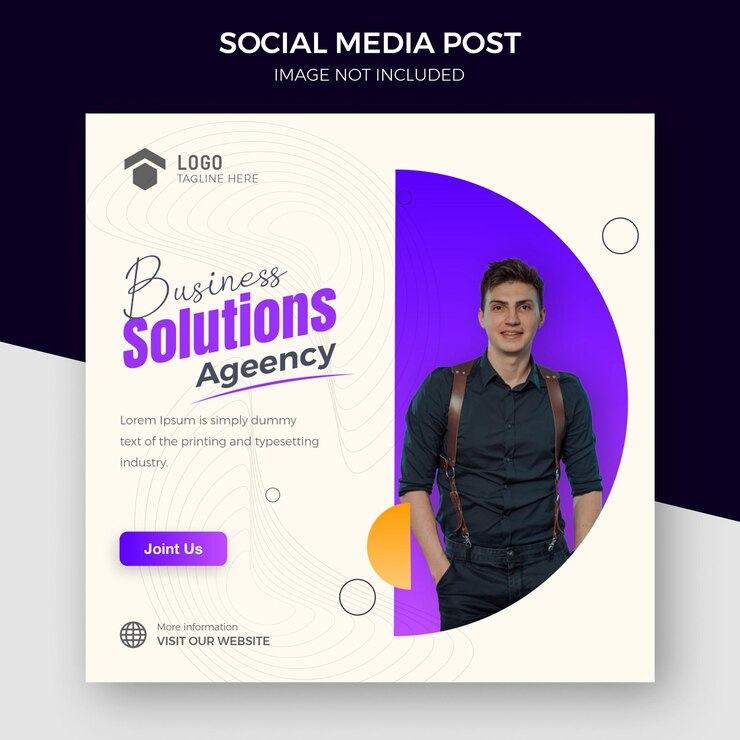 PSD se muestra una publicación en las redes sociales con un hombre con una camisa negra y un círculo morado.